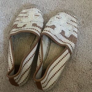 Tory Burch Cream and Tan Crochet Slip-On Espadrilles -worn